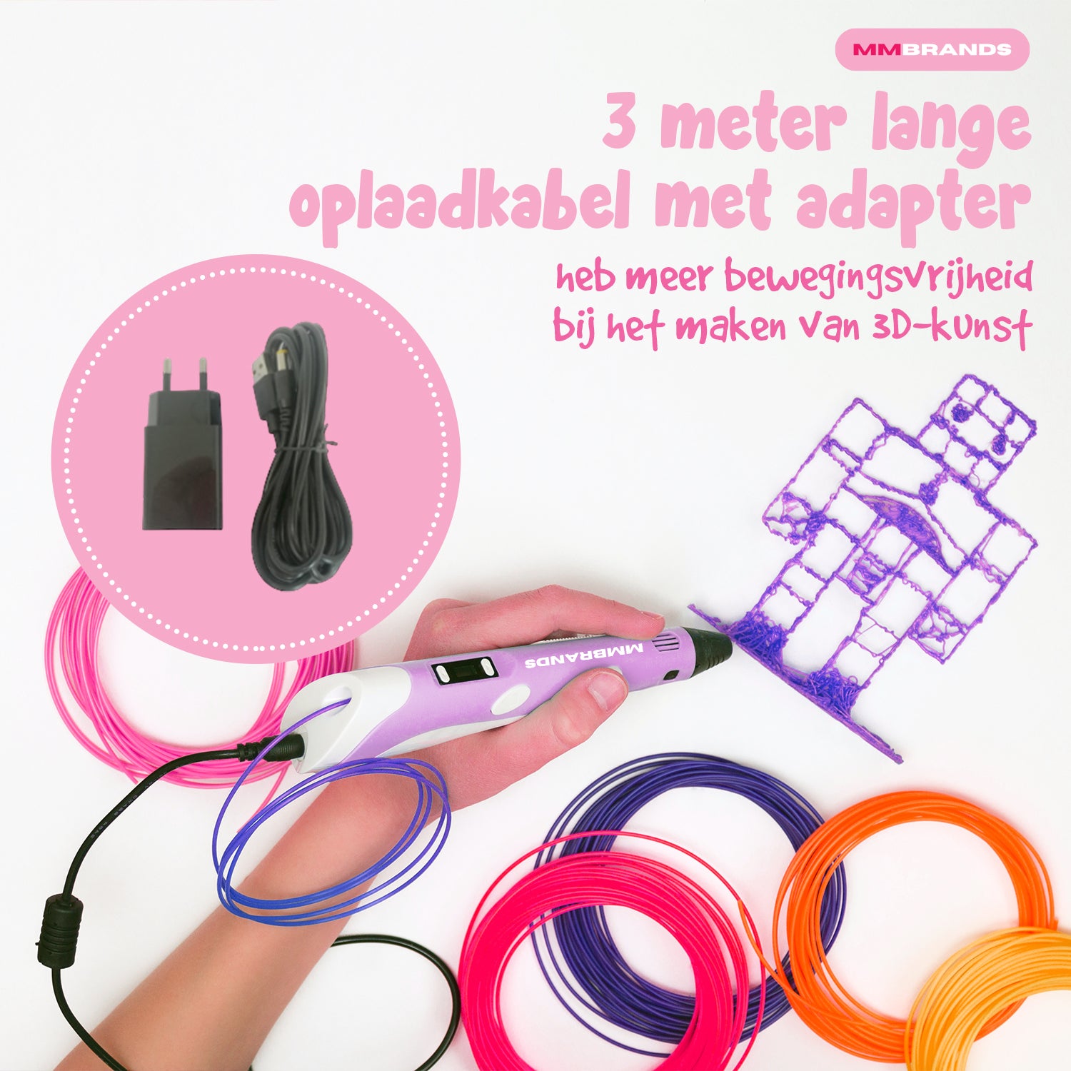 3D Pen Startpakke - 100M Filament - 10 Farger - Rosa