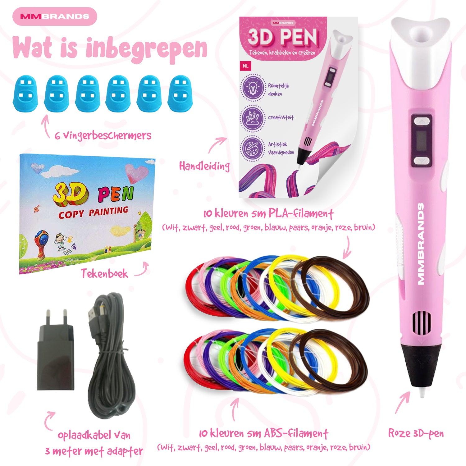 3D Pen Startpakke - 100M Filament - 10 Farger - Rosa